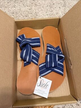 Sseko Navy and White Striped Knotted crossover Slide Sandals